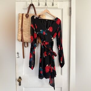 Club Monaco Black Dress with Red and Blue Floral Design
